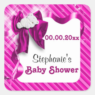 Baby favours announcement pink bear square sticker