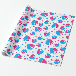 Baby Feet and Hearts in blue and pink color Wrapping Paper