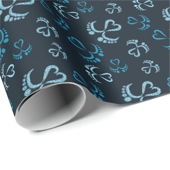Baby Feet and Hearts in blue glitter Wrapping Paper (Roll Corner)