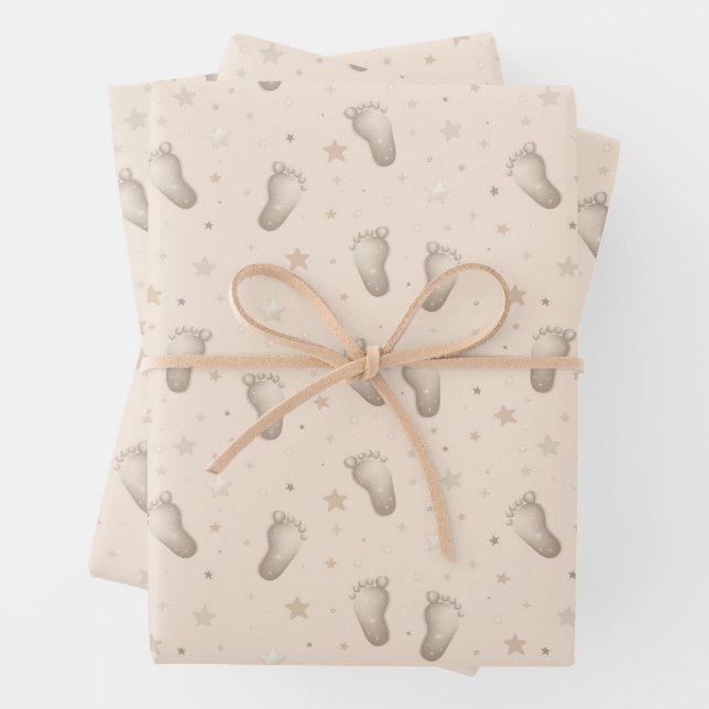 Baby Feet Boy Girl Shower Beige Wrapping Paper Sheet (In situ)