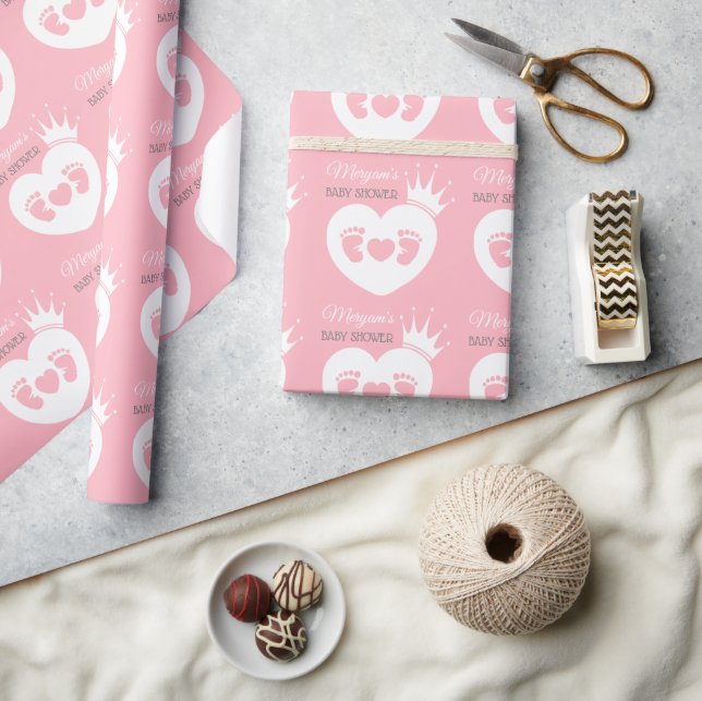 Baby Feet Heart Baby Princess Shower Pink White Wrapping Paper (Crafts)