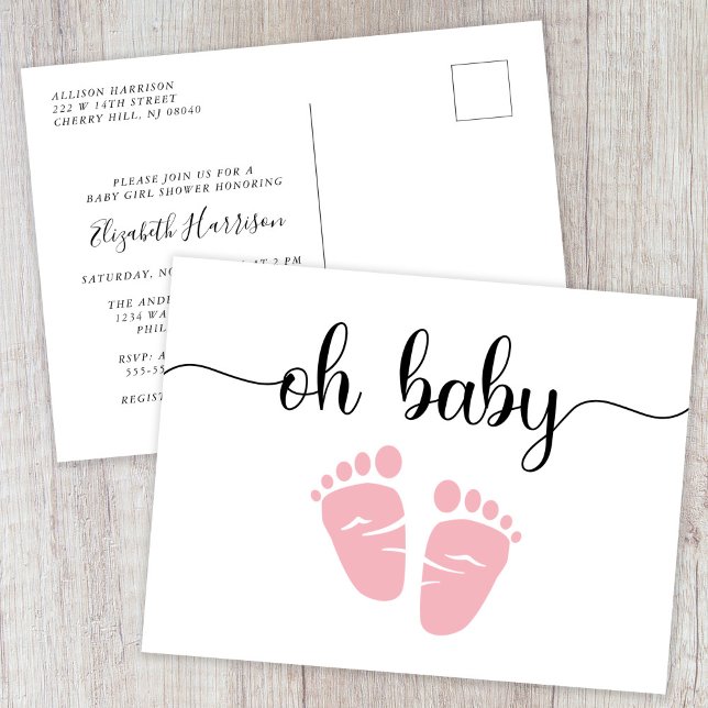 Baby Feet Pink Baby Girl Shower Invitation Postcard (Creator Uploaded)