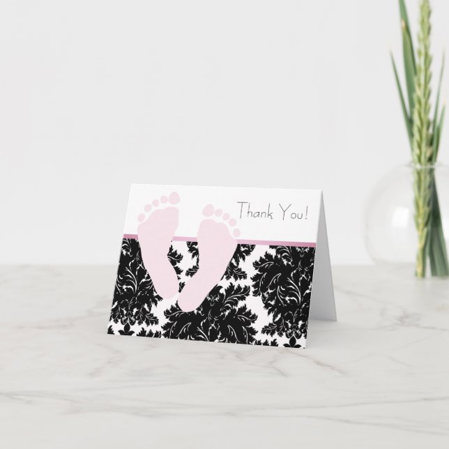 Baby Feet Pink Damask Baby Shower Thank You Cards (Front)