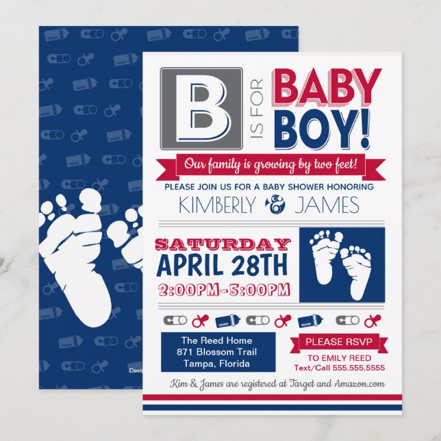 Baby Feet Poster Style Boy Shower Invitation 2 (Front/Back)