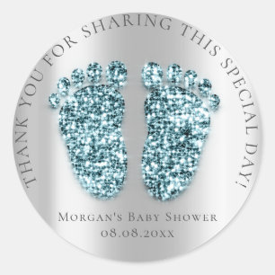 Baby Feet Shower Favor Thank Glitter Teal Silver Classic Round Sticker