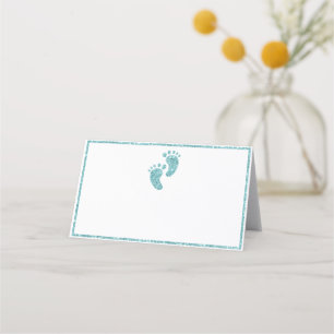 Baby Feet Teal Glitter Glam Baby Shower Place Card