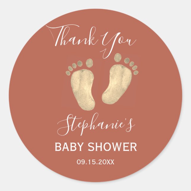 Baby Feet Terracotta Baby Shower Thank You Classic Round Sticker (Front)