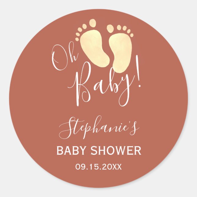 Baby Feet Terracotta Yellow Baby Shower  Classic Round Sticker (Front)