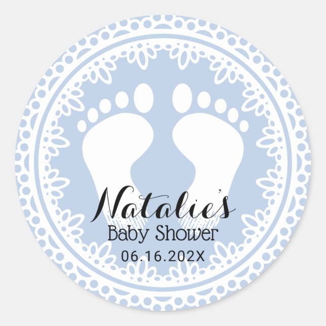 Baby Feet Vintage Lace Blue Baby Shower Favour Classic Round Sticker (Front)