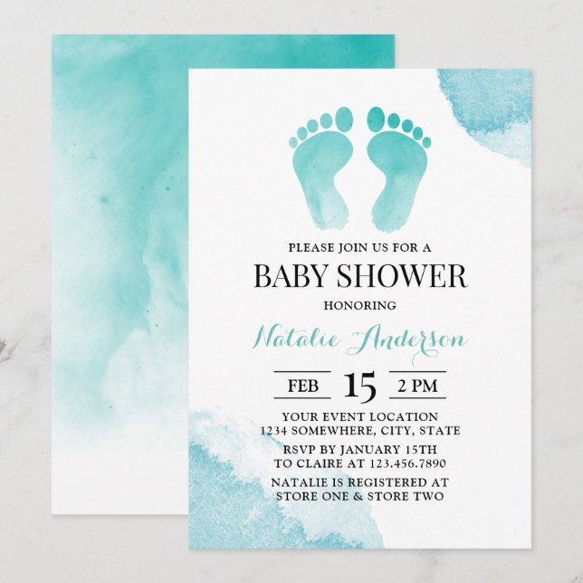 Baby Feet Watercolor Turquoise Baby Shower Invitation (Front/Back)