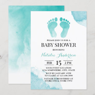 Baby Feet Watercolor Turquoise Baby Shower Invitation