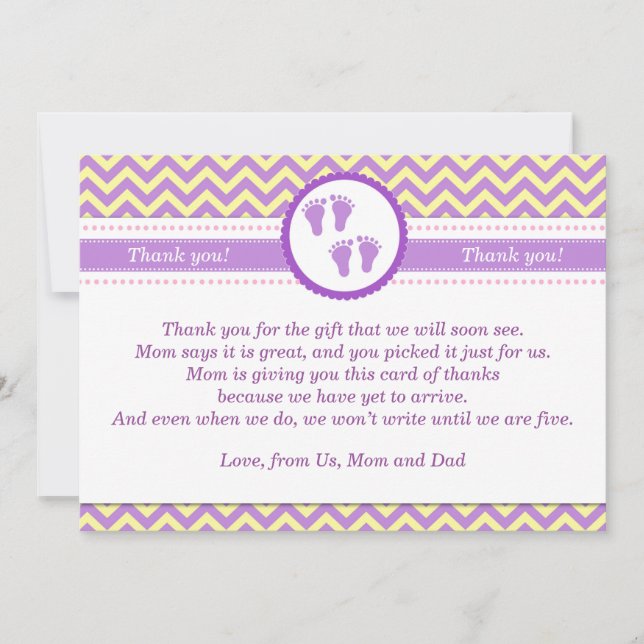 Baby Feet Yellow Purple Twins Party Thank You Card (Front)