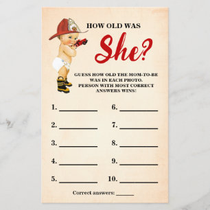 Baby Firefighter How old Mum Baby Shower Game Card