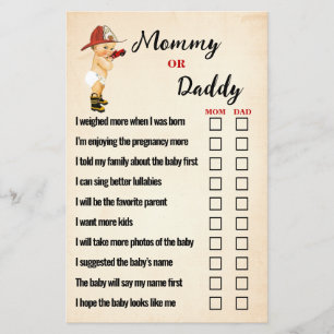 Baby Firefighter Mum or Dad Baby Shower Game Card