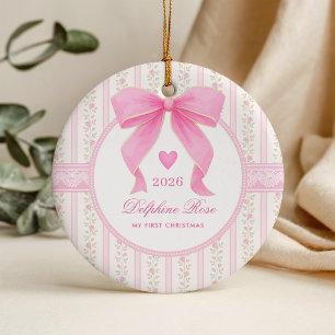 Baby First 1st Christmas Coquette Pink Bow Roses Ceramic Tree Decoration
