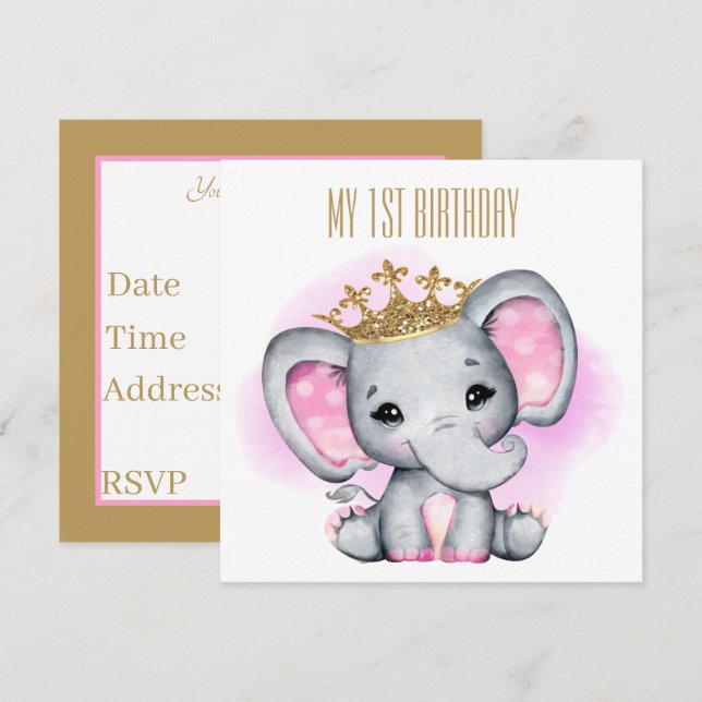baby first birthday Princess elephant Invitation (Front/Back)