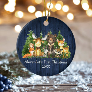 Baby First Blue Wood Christmas Forest Animals Ceramic Tree Decoration
