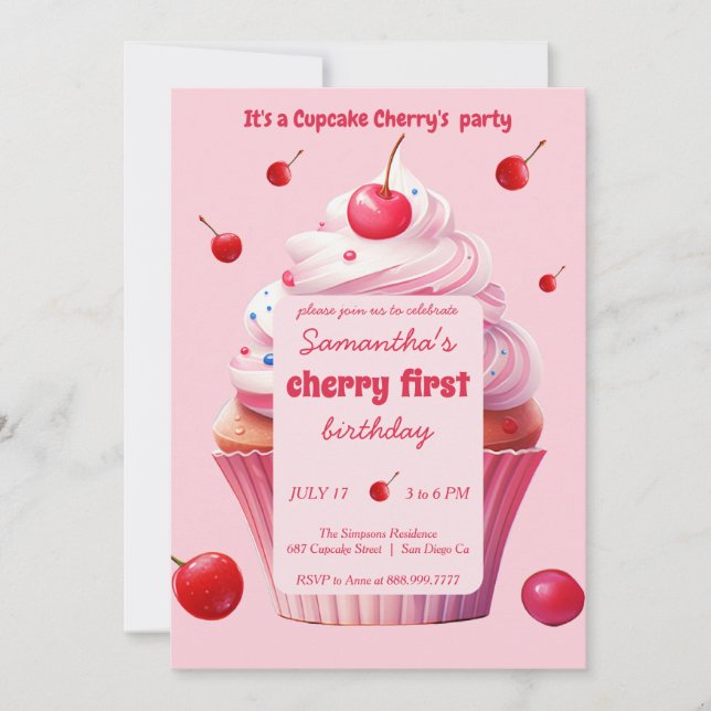 Baby First Cherry & Cupcake Birthday Party  Invitation (Front)