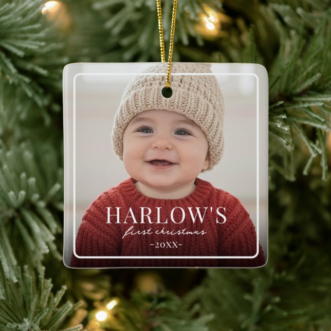 Baby First Chirstmas Simple Boarder Photo  Ceramic Ceramic Ornament (Tree)
