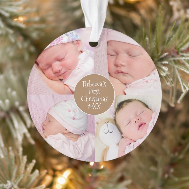 Baby First Christmas 4 photo collage name Ornament (Tree)