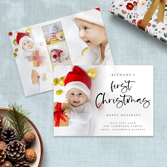 Baby First Christmas 6 Photo Holiday Card (Front and back view)
