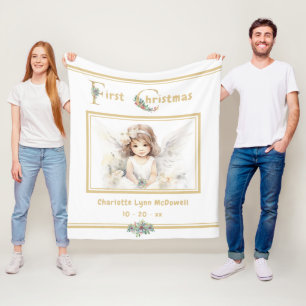 Baby First Christmas Angel Gold White Christmas  Fleece Blanket