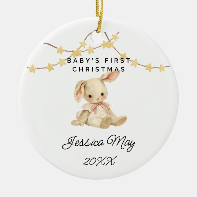 Baby First Christmas Animal Cute Baby Girl Rabbit Ceramic Tree Decoration (Front)