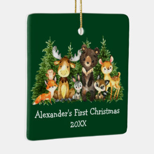 Baby First Christmas Animals Green - PHOTO BACK Ceramic Ornament