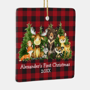 Baby First Christmas Animals Plaid - PHOTO BACK Ceramic Ornament