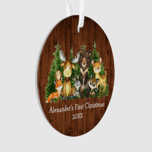 Baby First Christmas Animals Rustic - PHOTO BACK Ornament