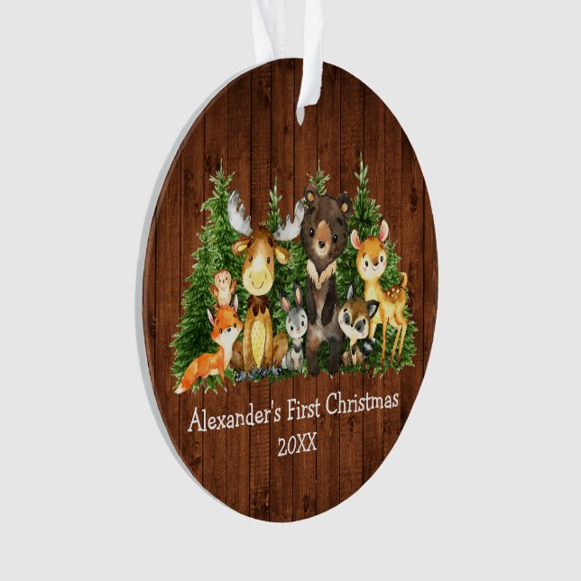 Baby First Christmas Animals Rustic - PHOTO BACK Ornament (Front)