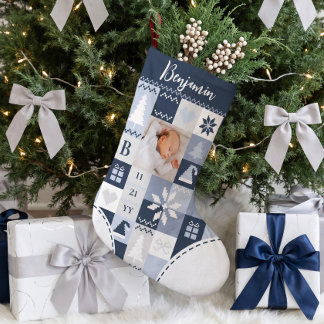 Baby First Christmas Birth Stat Photo & Name Quilt Small Christmas Stocking