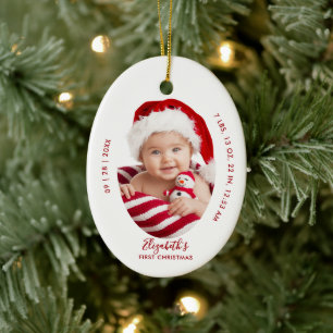 Baby First Christmas Birth Stats Name Minimal Red Ceramic Tree Decoration