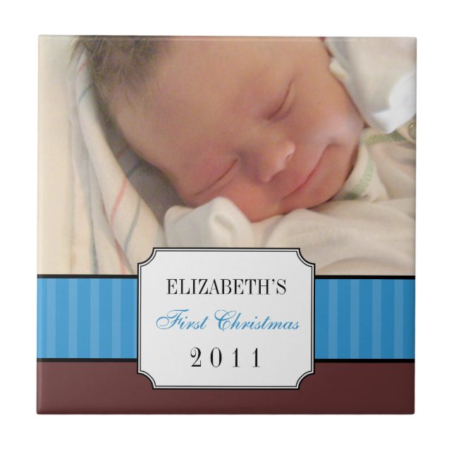 Baby first christmas blue ribbon stripe keepsake tile (Front)