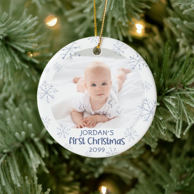 Baby First Christmas Blue Snowflake 2 Photo Ceramic Tree Decoration (Tree)