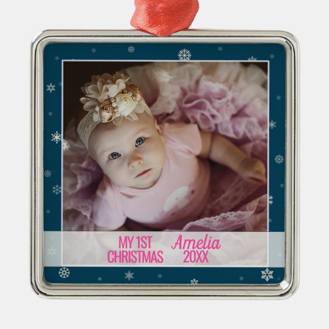 Baby first Christmas blue with photo snowflakes Metal Tree Decoration (Front)