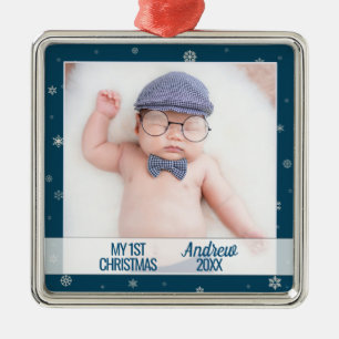 Baby first Christmas blue with photo snowflakes Metal Tree Decoration