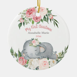 Baby First Christmas Blush Rose Elephant Ceramic Tree Decoration