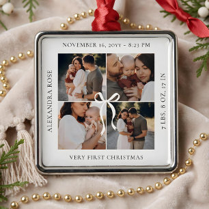 Baby First Christmas Bow Photo Collage Birth Stats Metal Tree Decoration