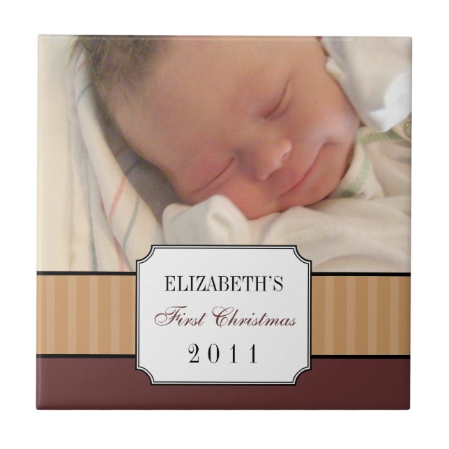 Baby first christmas brown ribbon stripe keepsake tile (Front)