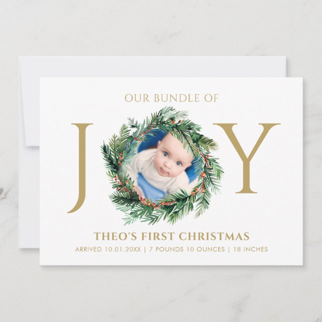 Baby First Christmas Bundle Of Joy Floral Gold Holiday Card (Front)