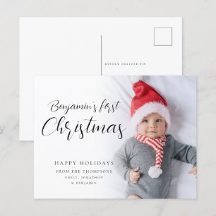 Baby First Christmas Calligraphy Custom Photo  Hol Holiday Postcard