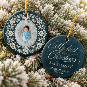 Baby First Christmas Cream Lace Navy Blue Ceramic Tree Decoration