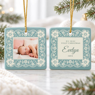 Baby First Christmas Cream Lace Turquoise Green Ceramic Ornament