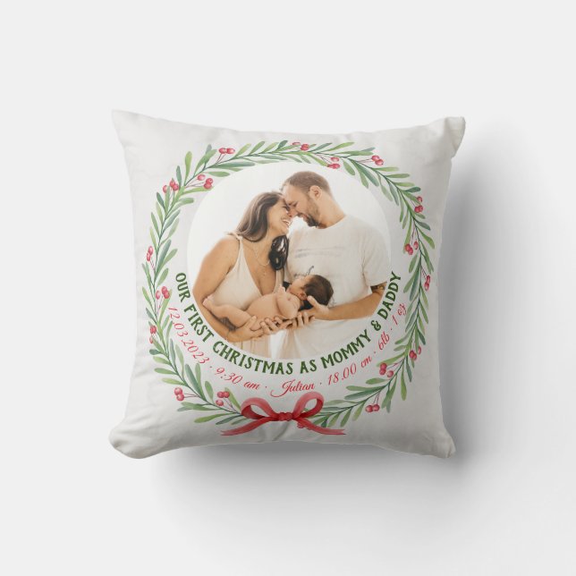 Baby First Christmas Custom 2-Photo & Birth Stats Cushion (Front)