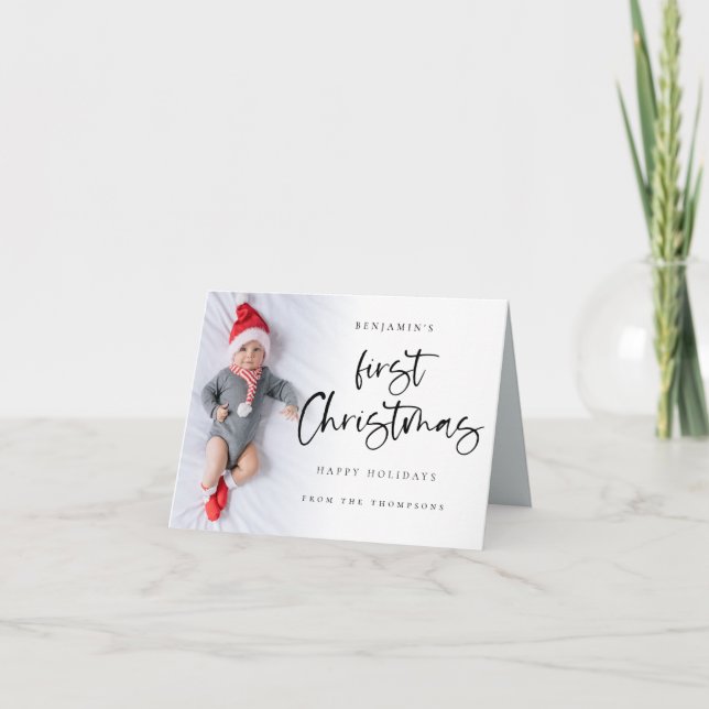 Baby First Christmas Custom Photo Name Script Holiday Card (Front)