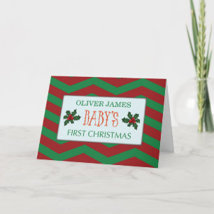 Baby First Christmas Customise Name on Red Green  Card