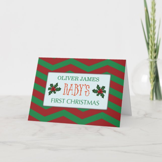 Baby First Christmas Customise Name on Red Green  Card (Front)