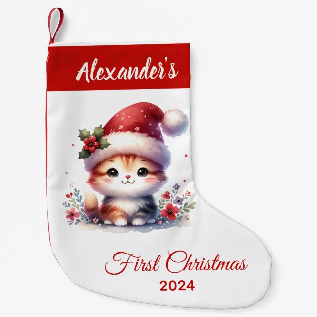 Baby first Christmas cute Cat personalised Small Christmas Stocking (Front)