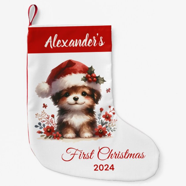 Baby first Christmas cute Dog personalised Small Christmas Stocking (Front)